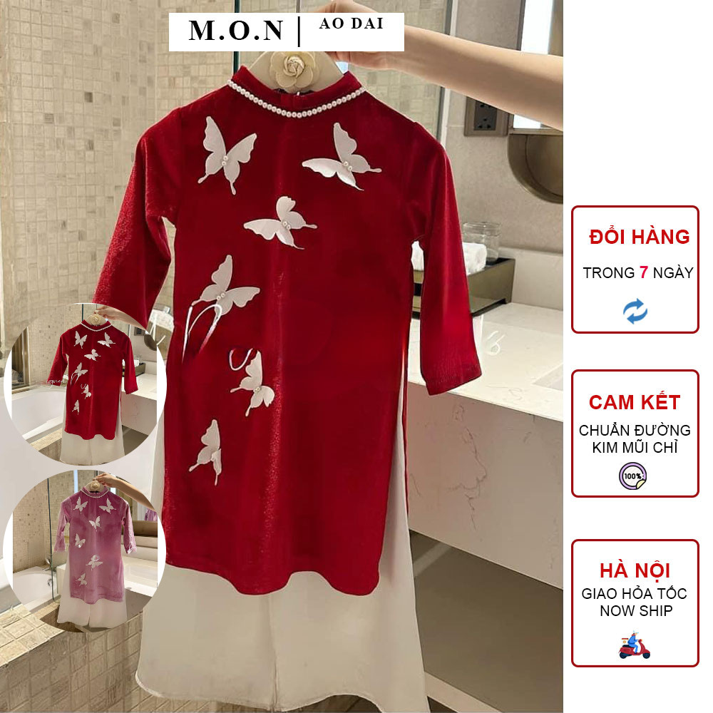Set Áo Dài Bé Gái Nhung Đính Bướm Thủ Công