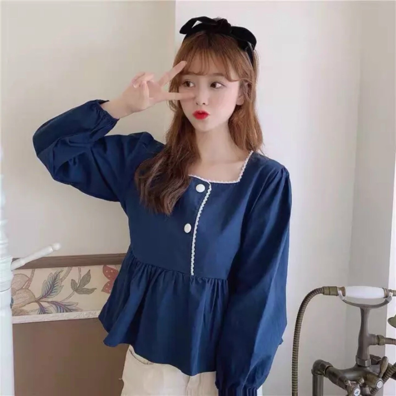 áo babydoll cổ vuông ren tay bồng vintage, CHẤT VẢI KATE NHẬT MÃ : S9532