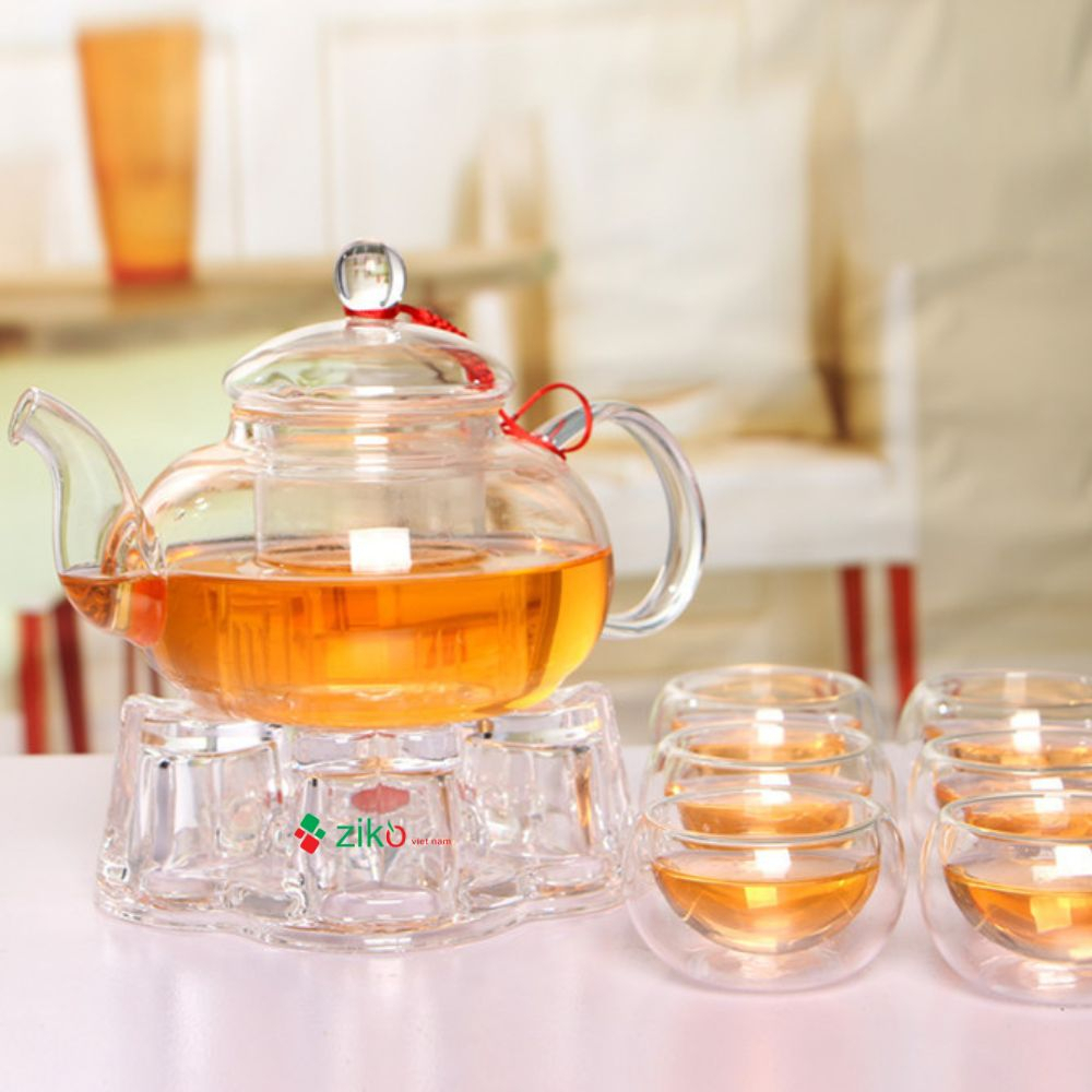 Bộ Ấm Trà Thuỷ Tinh Hoa Cúc 6 Chén Và Đế Nến