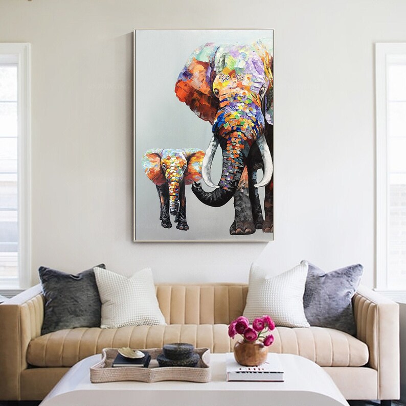 Elephant Painting On Canvas Original Painting, Elephant Family Elephant Baby Painting, Extra Large Elephant Wall Art Decor, Elephant Gift 1PCS Wooden Inner Framed or Frameless