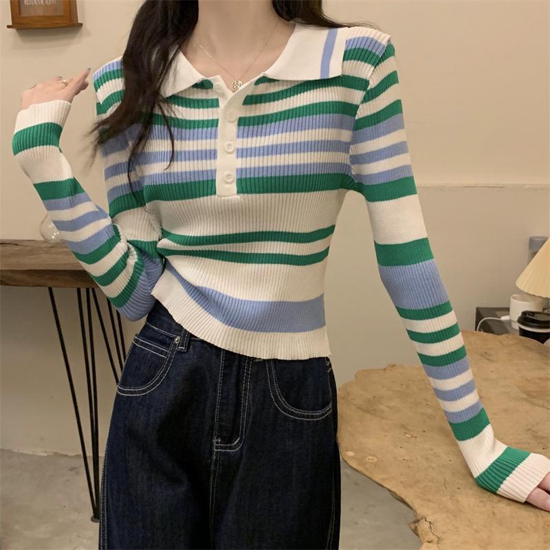 Striped Long Sleeved Knitwear Women's Autumn Slim Short Top