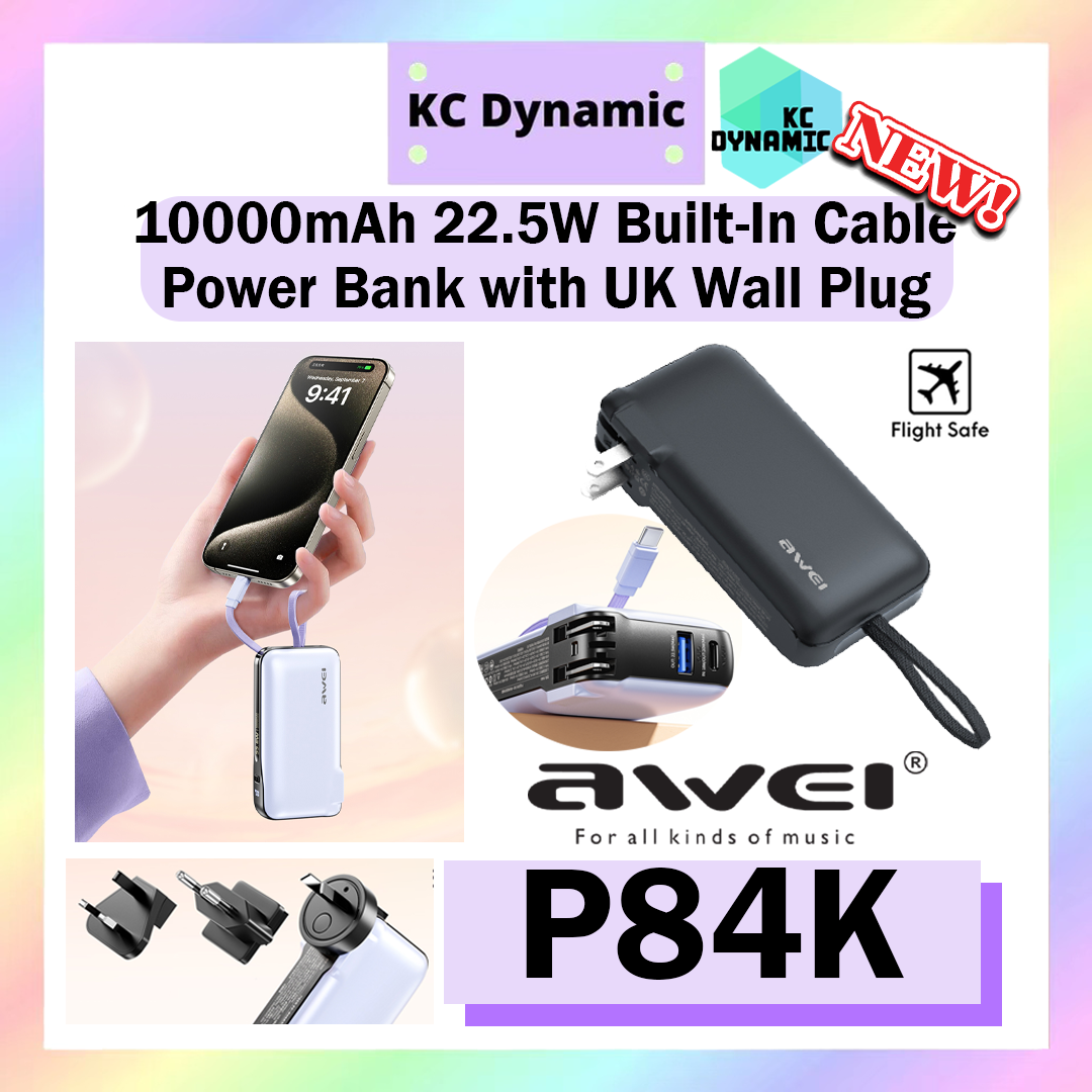 Awei P84K 10000mAh Powerbank with AC Plug 22.5W Fast Charging Power Bank  with UK Plug Built-In Cable Awei Powerbank | Lazada