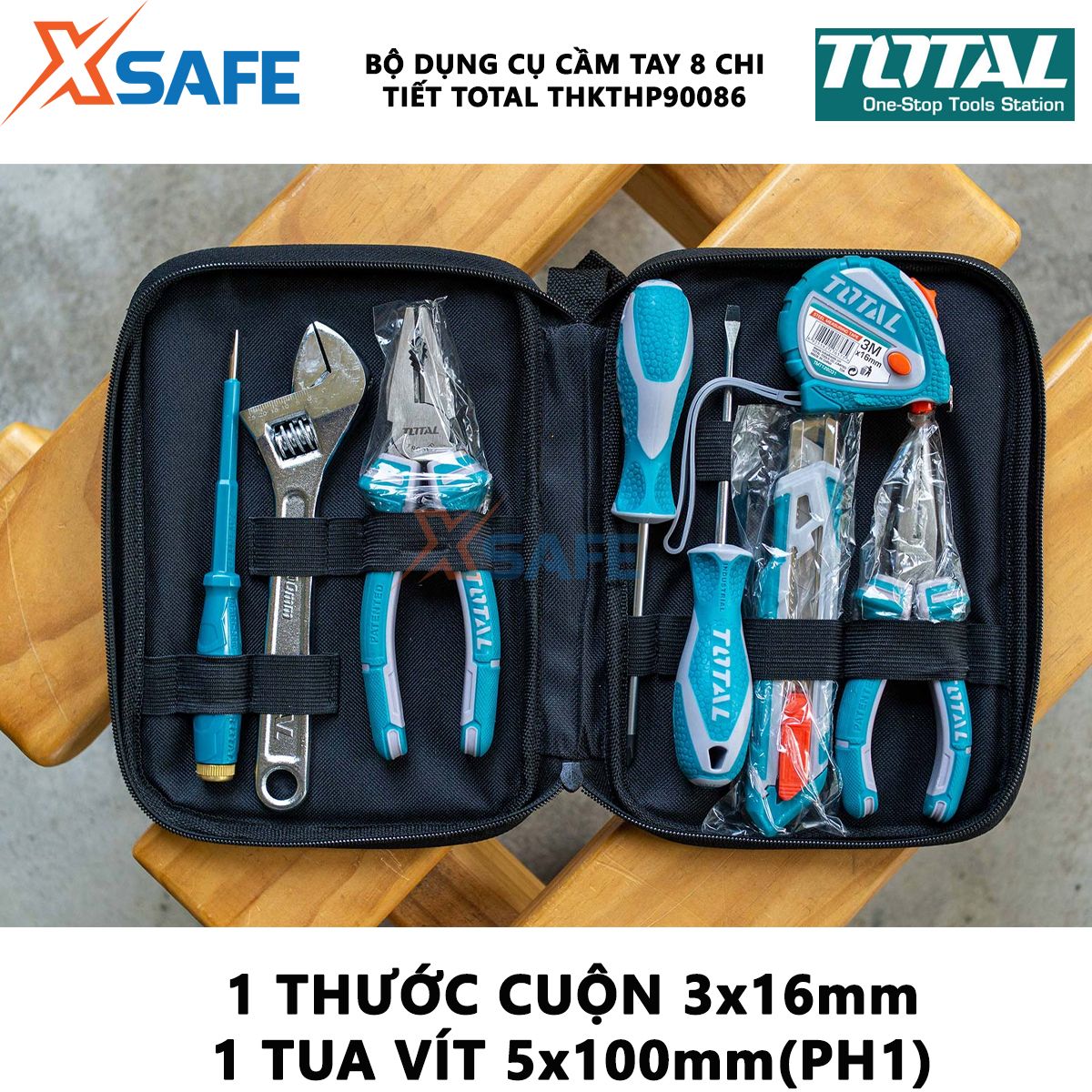 Bộ đồ nghề cầm tay 8 chi tiết TOTAL THKTHP90086 | bộ 8 dụng cụ cầm tay gồm thước cuộn, tua vít, mỏ lết
