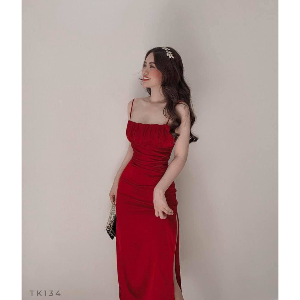 Đầm đỏ hai dây cổ vuông – htgarment