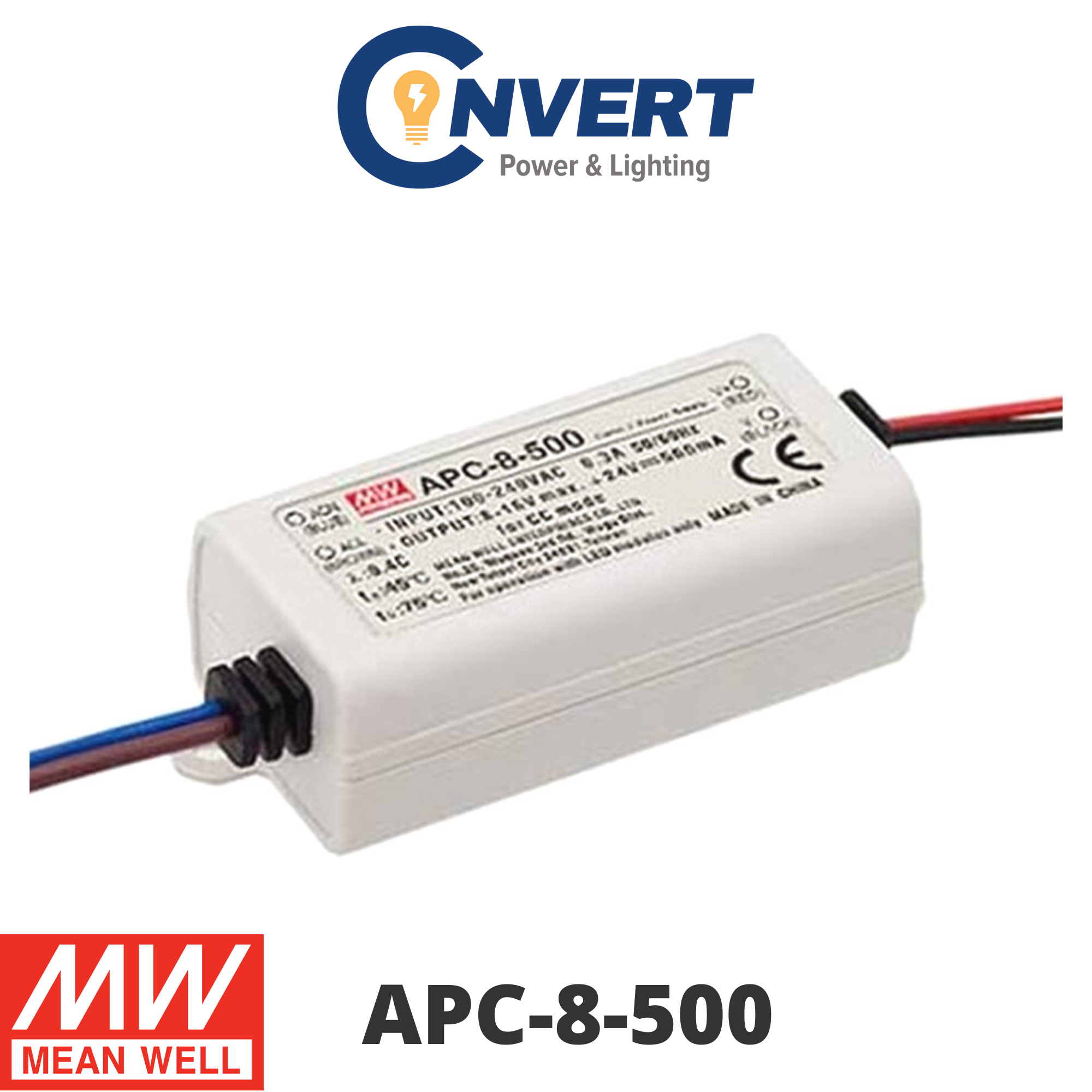 Mean Well APC-8-250 8W 250mA LED Driver – Constant Current, 90-264VAC Input, IP42, Class II, With Short Circuit And Overload Protection