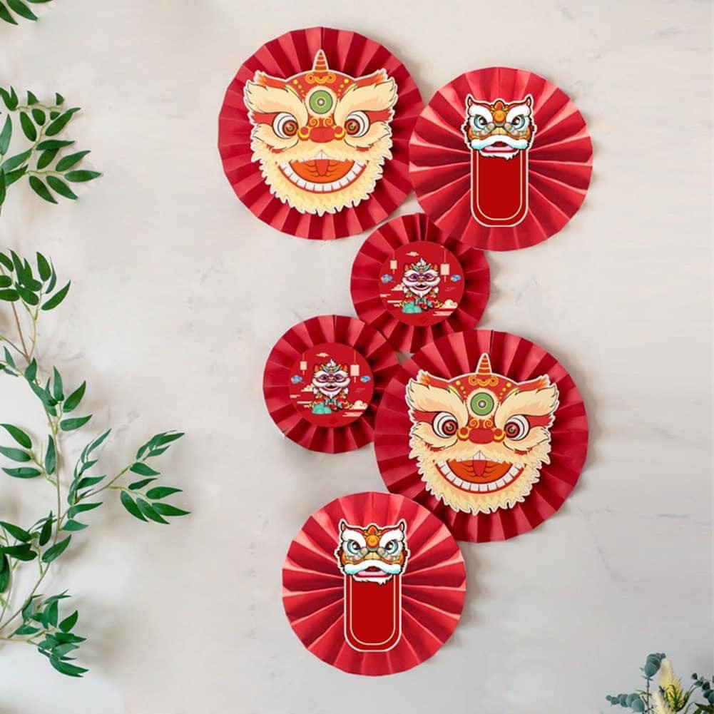 Set 6 quạt giấy đỏ đầu lân treo tết