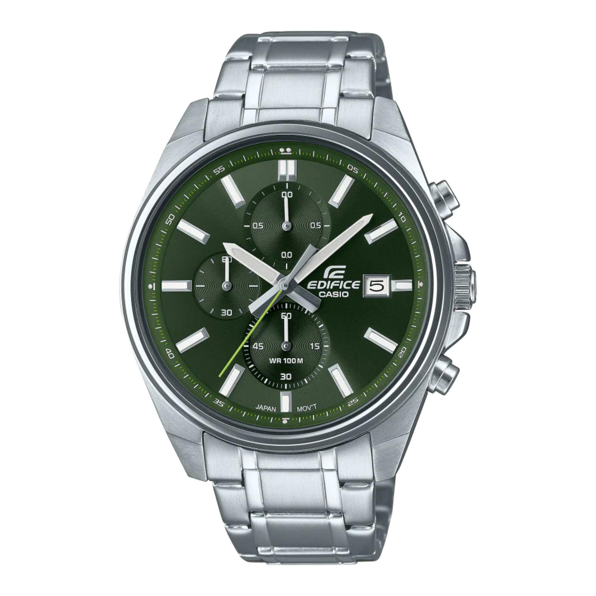 Casio Edifice Green Dial And Silver Stainless Steel Strap Men Watch EFV