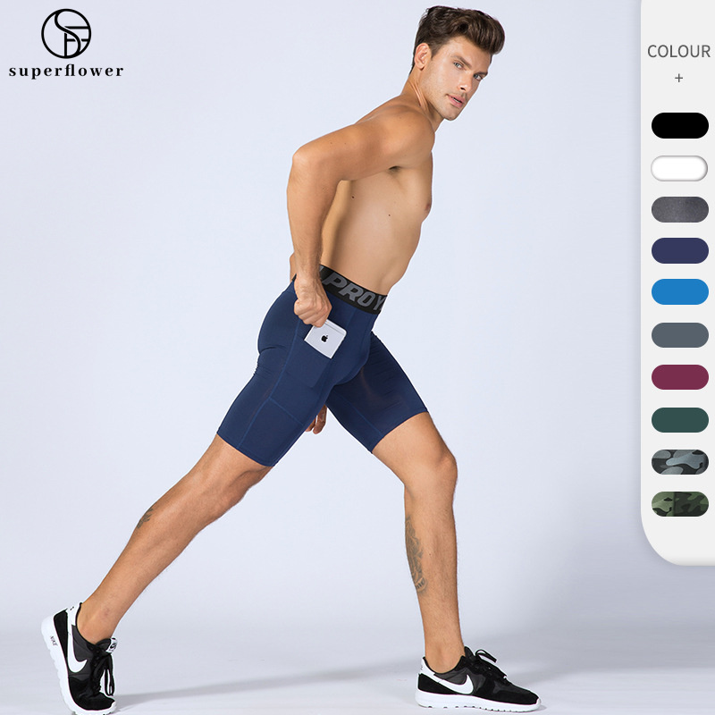 Elastic Mens Compression Shorts Summer Bodybuilding Sports Quick Dry Running Fiess Tights with Pockets_voghion.com