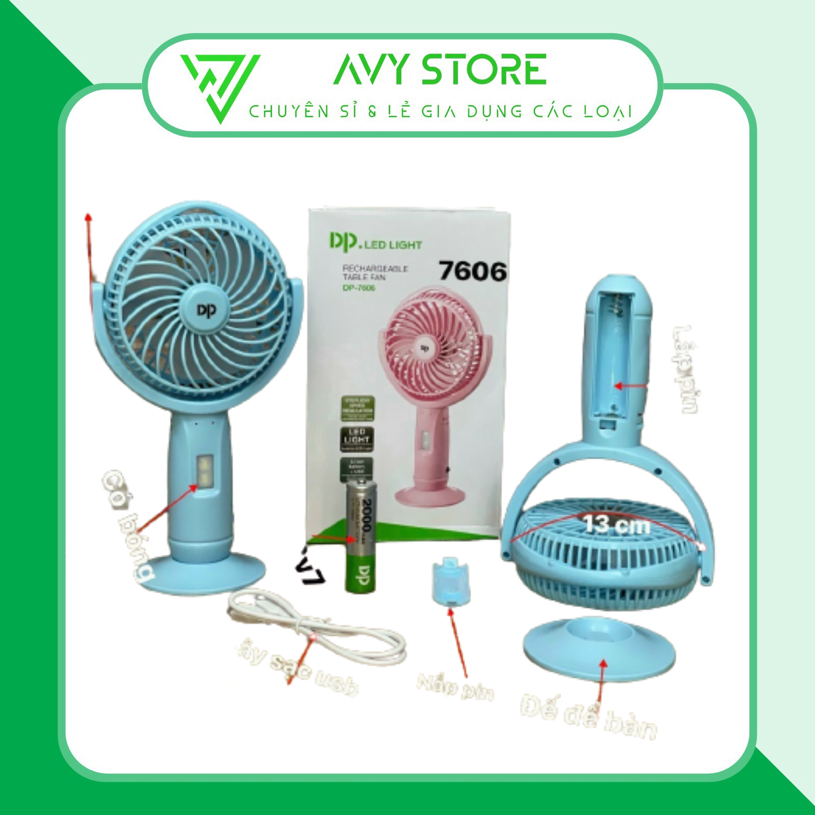 Quạt sạc kiêm đèn pin siêu sáng cầm tay mini để bàn cao cấp nhỏ gọn tiện dụng dp-7606