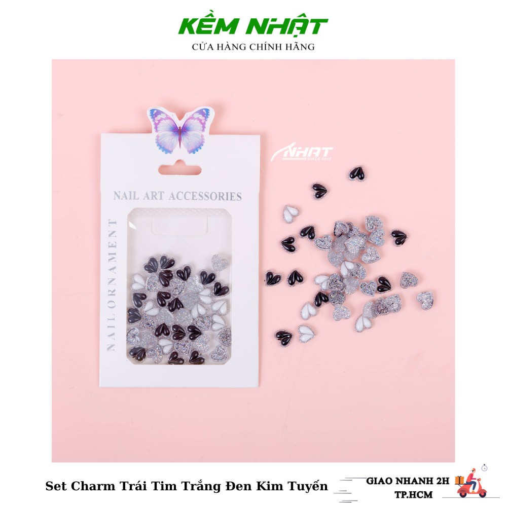 Set Charm Trái Tim Trắng Đen Kim Tuyến Đính Móng