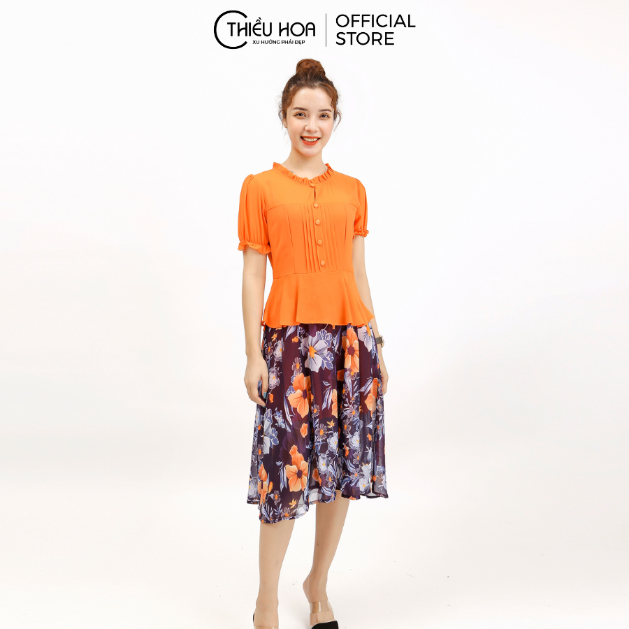 Đầm trung niên sang trọng, thiết kế tay ngắn, chất vải Chiffon mềm mại thoáng mát Thương hiệu Thiều Hoa P742