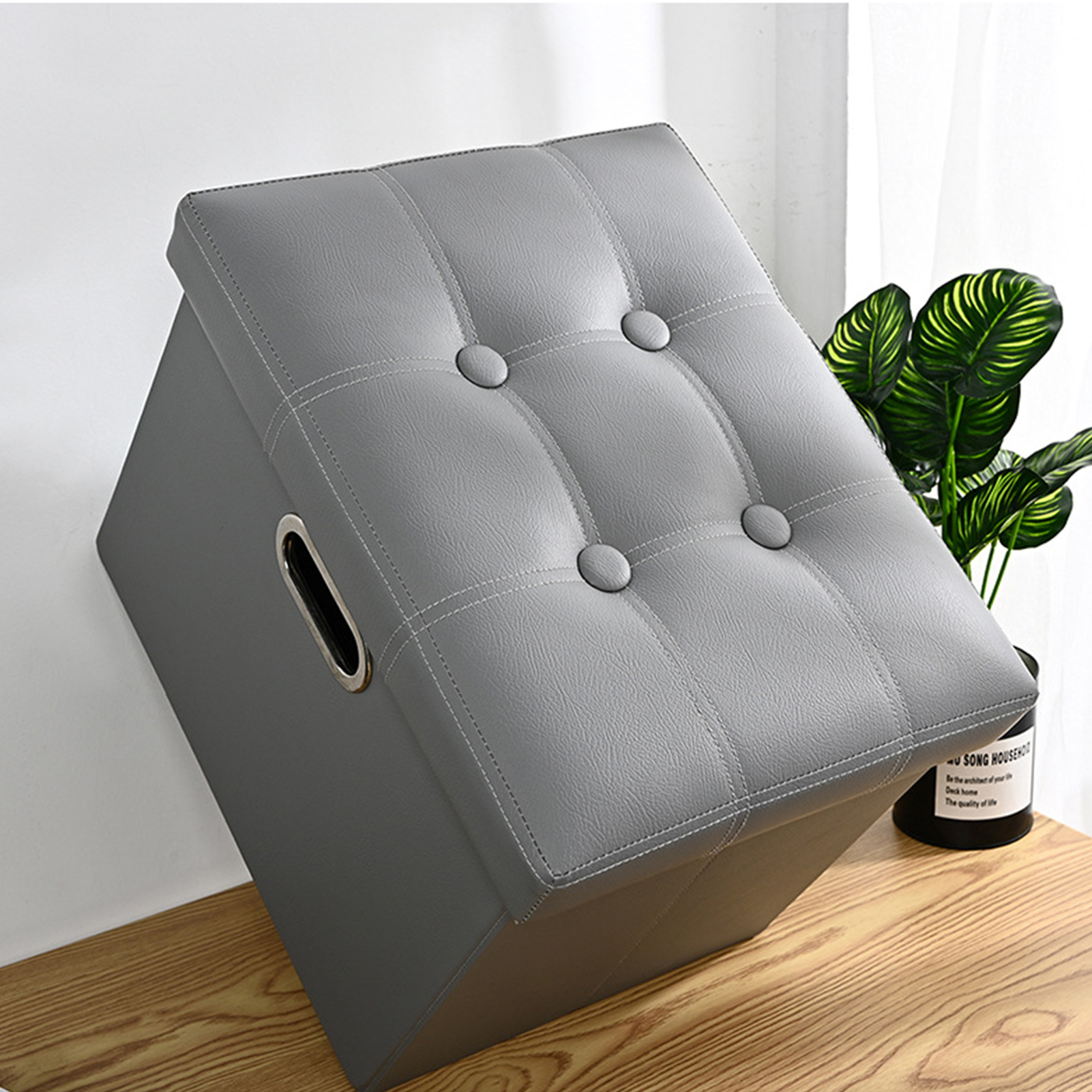 Storage Stool with Handle Foldable Strong Load Bearing Faux Leather Versatile Storage Ottomans Cube Seat