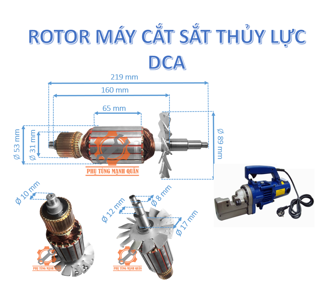 Rotor/ruột máy cắt sắt thủy lực DCA thân 53 dài 219 tặng kèm chổi than cao cấp