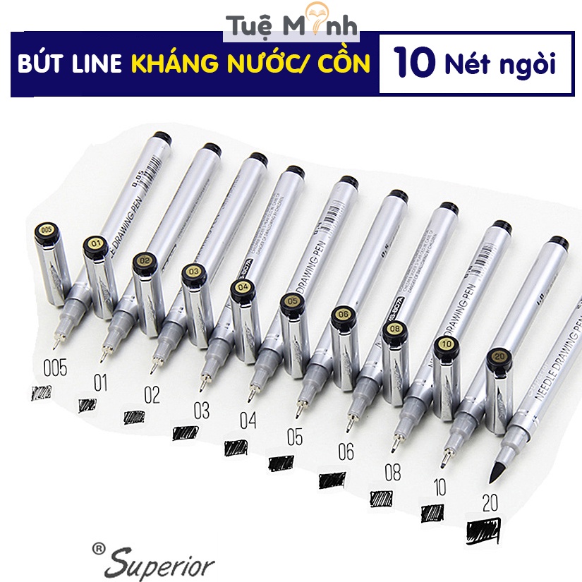 Bút line đi nét Superior kháng nước vẽ màu nước, VPP TUEMINH vẽ sketch chuyên dụng B42 mực đen