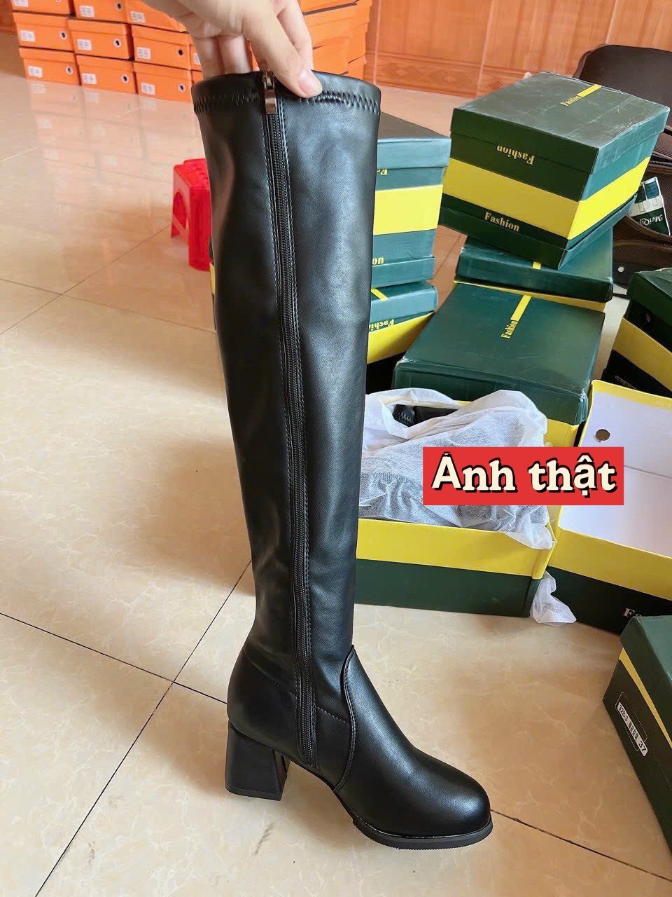 [Ảnh thật] Bốt đùi nữ QUA GỐI da lì gót vuông 6 phân khoá cạnh (Mã 386)