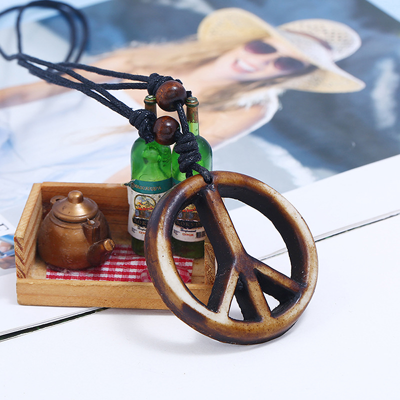 Retro Handmade Peace Symbol Pendant Necklace Long Rope Chain Ethnic Jewelry. 