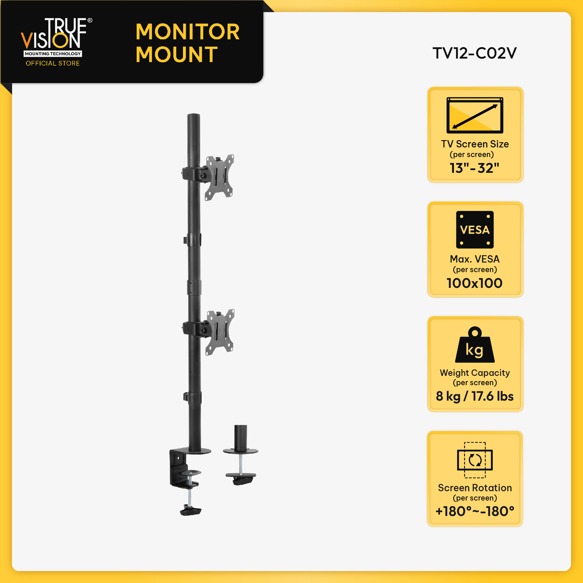 True Vision Dual Articulating Vertical (Monitor Arm/Monitor Mount Stand