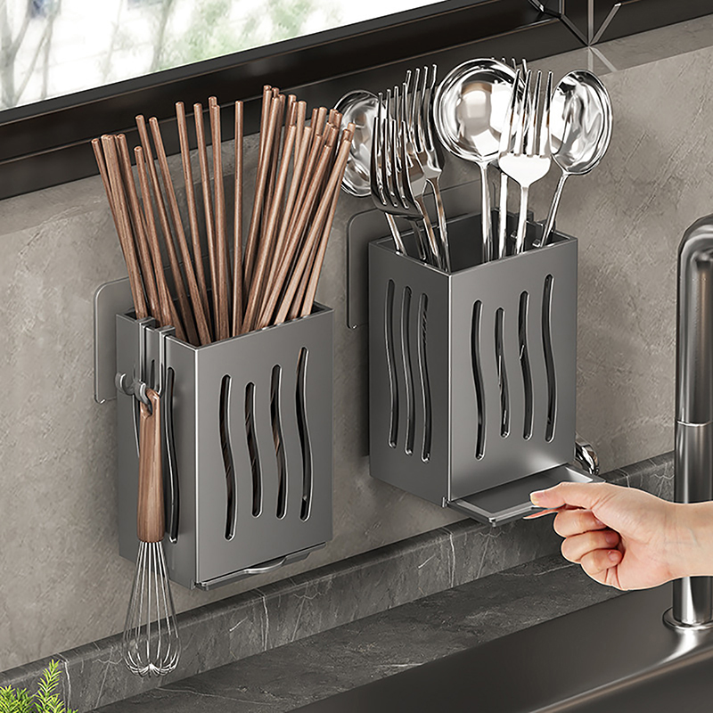 1-Piece Kitchen Utensil Rack-Multifunctional Draining Chopstick Holder,Wall-Mounted Or Freestanding Cutlery Storage Box, Plastic. 