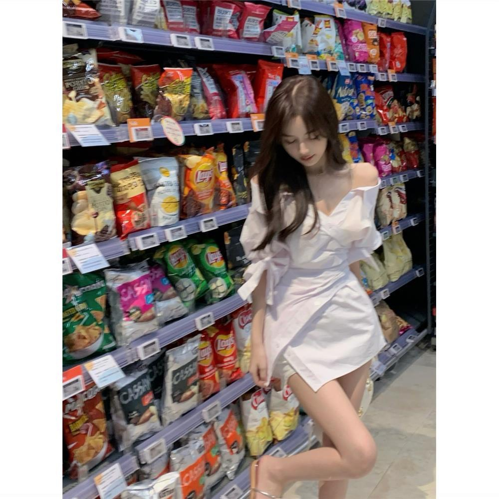 Đầm Sơmi Nữ Dáng Thắt Eo Cổ v Trễ Vai Tôn Dáng