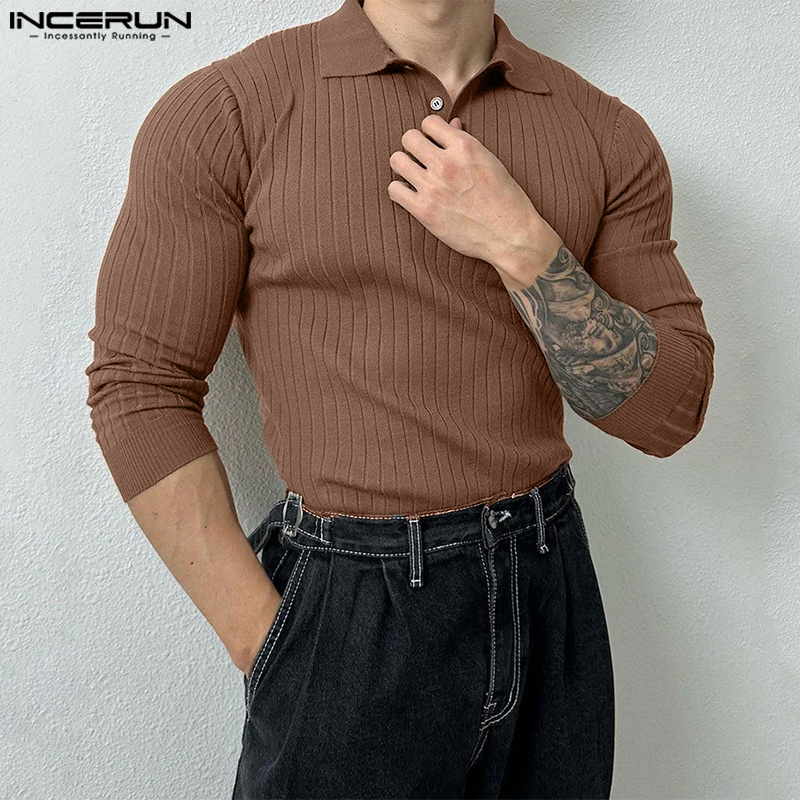 INCERUN Mens Long Sleeve Formal Casual Lapel Tops Leotard Plain Knitted Sweater Button Up Pullover (Korean Style)