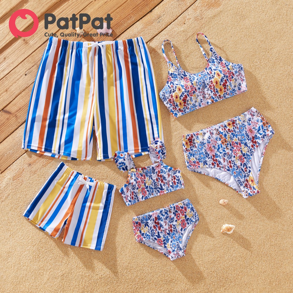 PatPat Family Matching Stripe Swim Trunks or Ditsy Floral Shirred Two