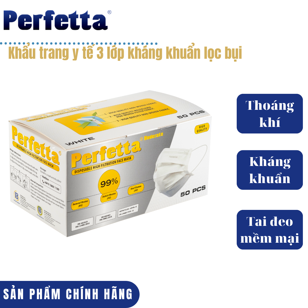 Khẩu trang y tế 3 lớp Perfetta Moderate trắng/xanh (50 cái/hộp)