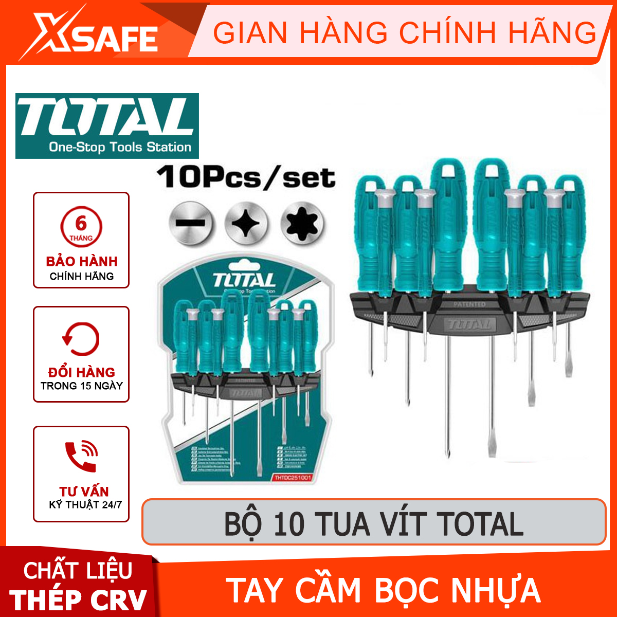 Bộ tuốc nơ vít đa năng 10 chi tiết TOTAL THTDC251001 | Bộ tua vít dẹp, bake, sao và tua vít chuẩn chất liệu thép CR-V, cán tròn dùng để siết chặt hoặc gỡ bỏ ốc vít
