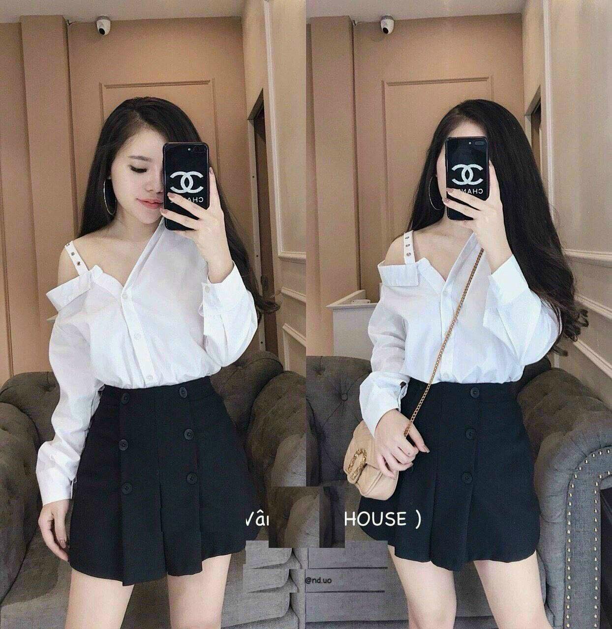 Áo sơmi lệch vai kèm quần váy