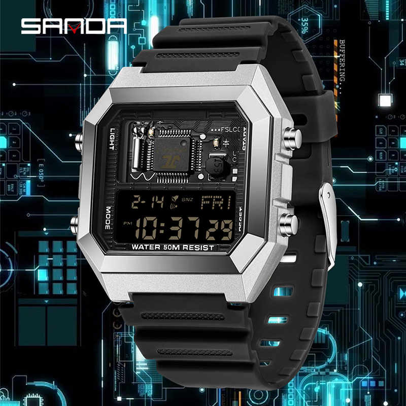 SANDA Youth Personality Electronic Components Cool Sports Waterproof Digital LED Men's Watch Gift Tiktok Same Style SD6216-3.