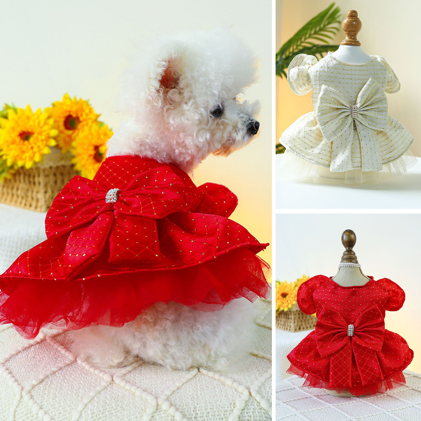 Pet Dress with Ruffled Sleeves Precise Wiring Pet Costume Wedding Party Dog Dress with Ruffled Sleeves and Large Bow Pet Supplies