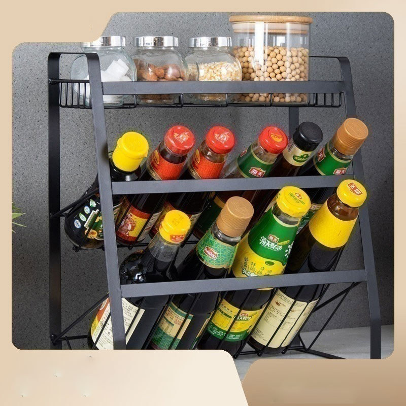 Kitchen storage rack, tabletop, iron art, multi-layer seasoning rack, multifunctional seasoning bottle, layered storage rack solid Metal