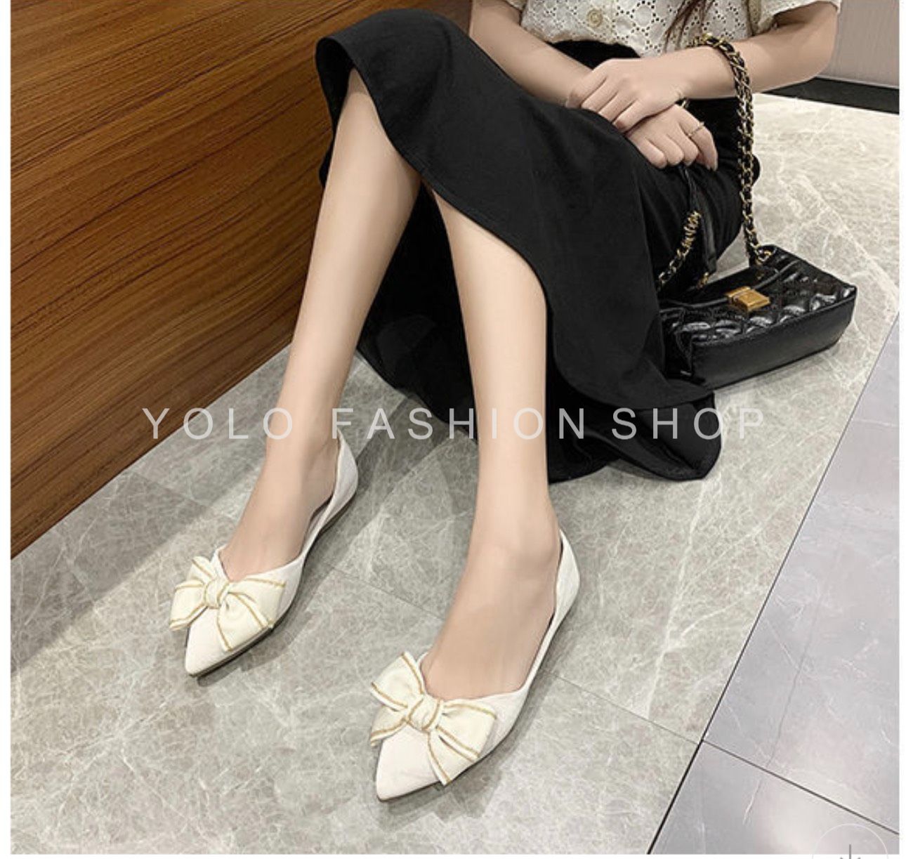 Giày bệt mũi nhọn da lì nơ lụa đế cao su dẻo êm chân-B34