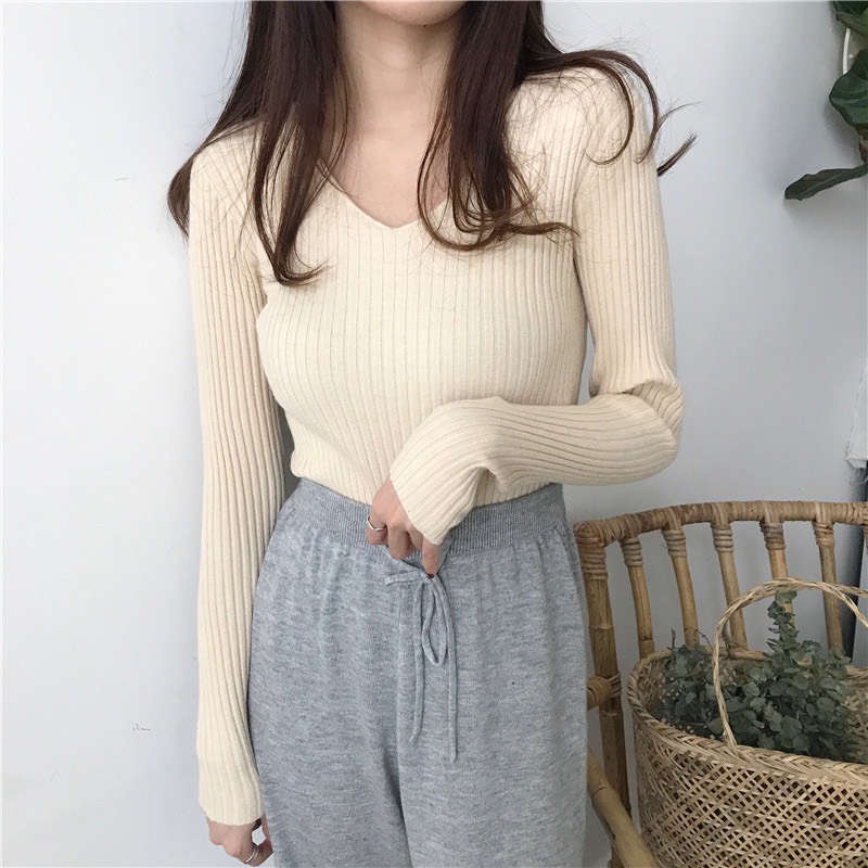 Áo len tăm tay dài ôm dáng siêu mềm hàng quảng châu ❤ áo len lông cừu cổ tim mềm mại
