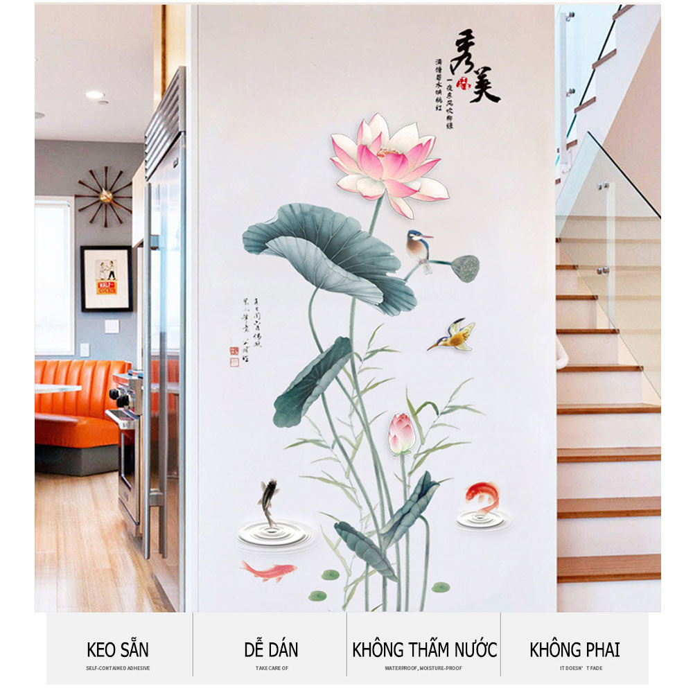 Decal Dán Tường Hoa Sen Chim và Cá
