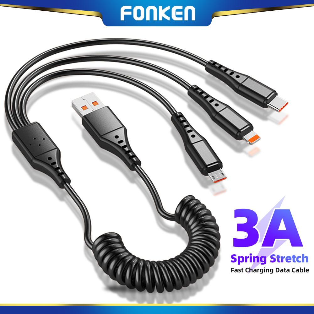 FONKEN 3 in 1 Mobile Phone Fast Charging USB Type-C Data Cable Micro USB Spring Car Charging Cable for Xiaomi Samsung