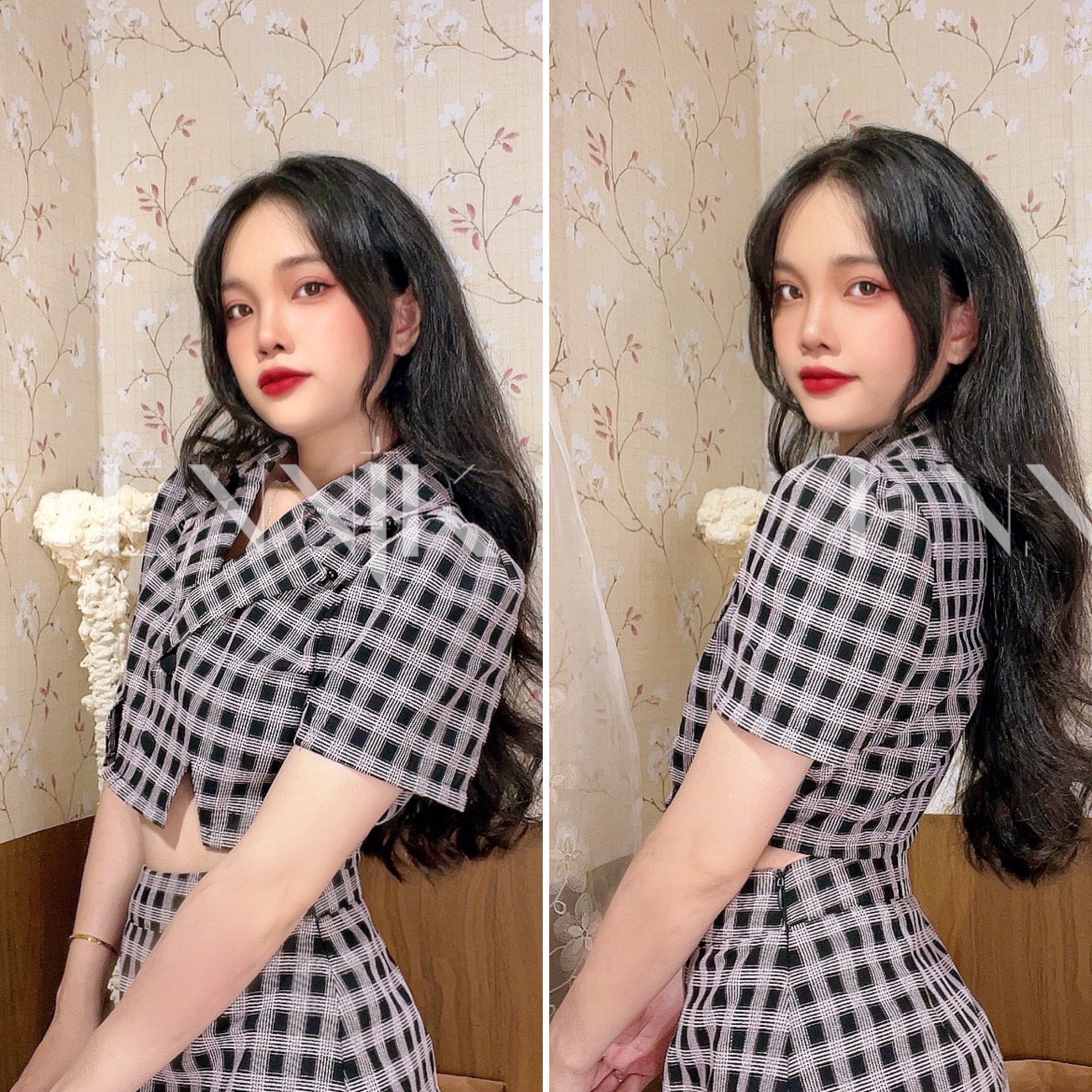 Set vest nữ cut out caro dạo phố