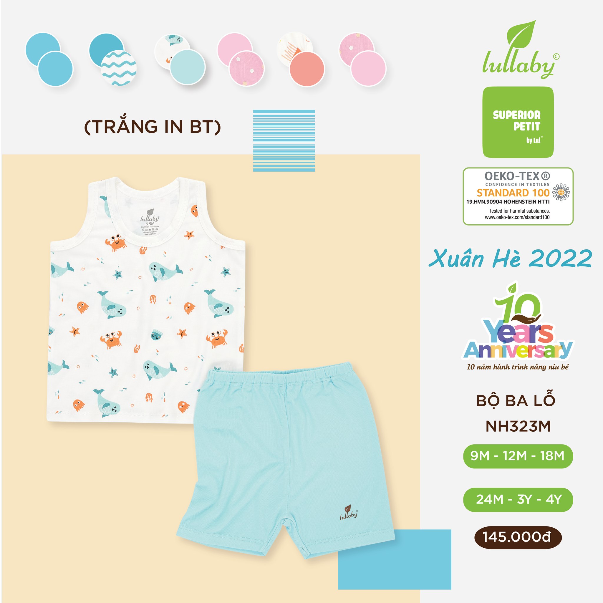 Lullaby 2022-bộ ba lỗ bé trai chất vải petit mát size từ 9m đến 4y có 3 màu