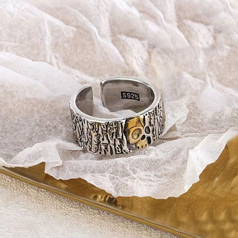 【Hottest Trends】Vintage Gold Skull Ring Men's Personalized Hip-Hop Single Ring Thai Silver Tree Pattern Open Alloy Ring. 