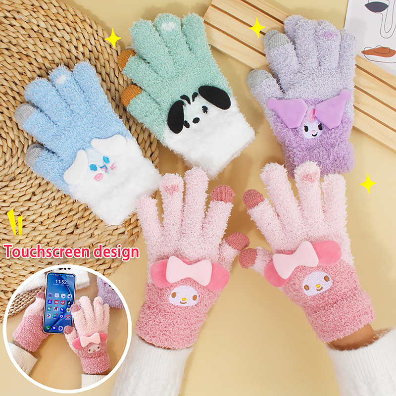 Cute Sanrio Kuromi Melody Gloves Plush Coral Winter Warm Gloves Pochacco Cute Gloves Student Cycling Five-finger Gloves Bayline