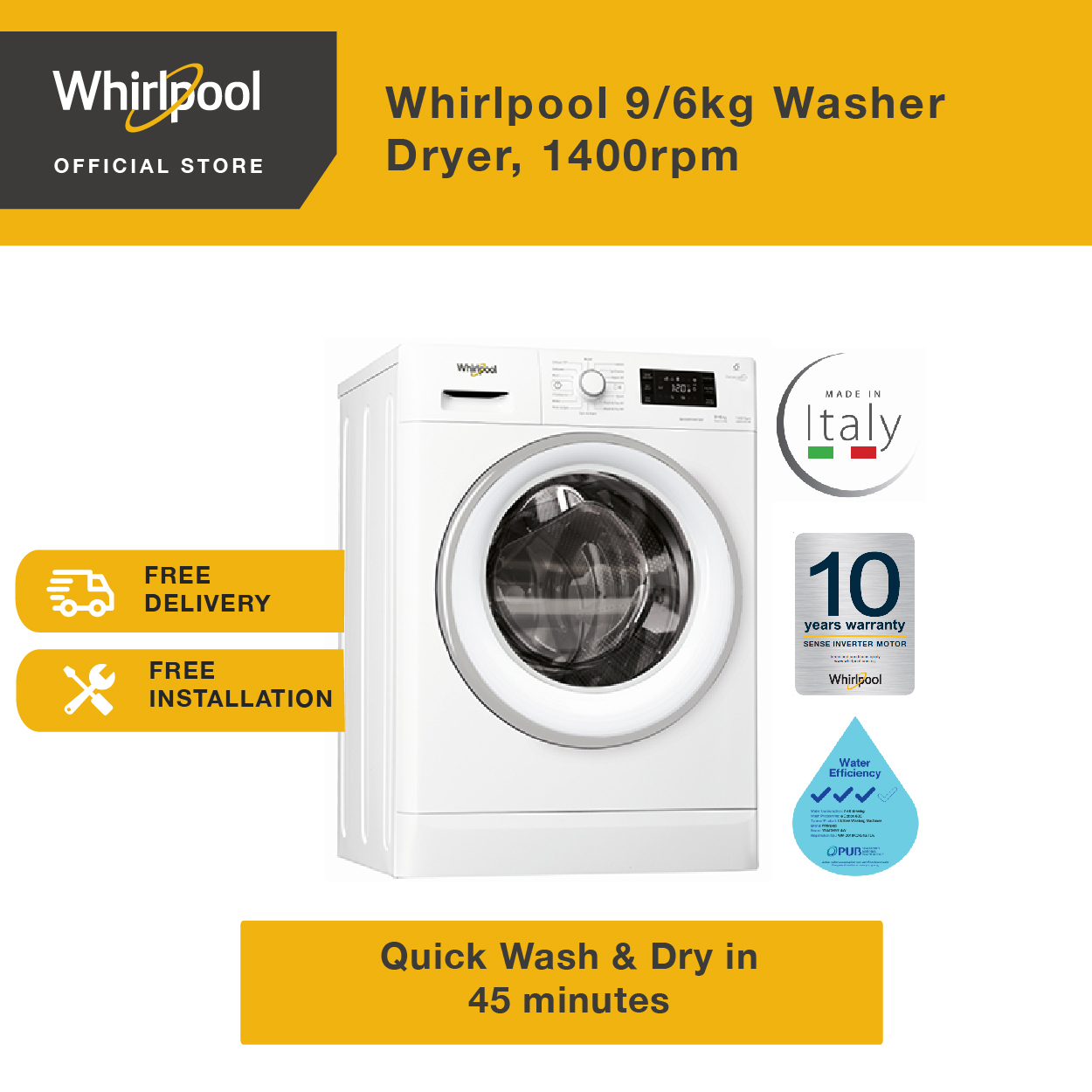 whirlpool 9 6kg washer dryer