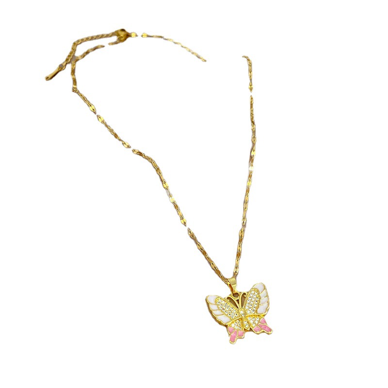 DIEYURO 316L Stainless Steel Pink Cute Butterfly Pendant Necklace For Women Fashion Girls Clavicle Chain Jewelry Birthday Gifts. 