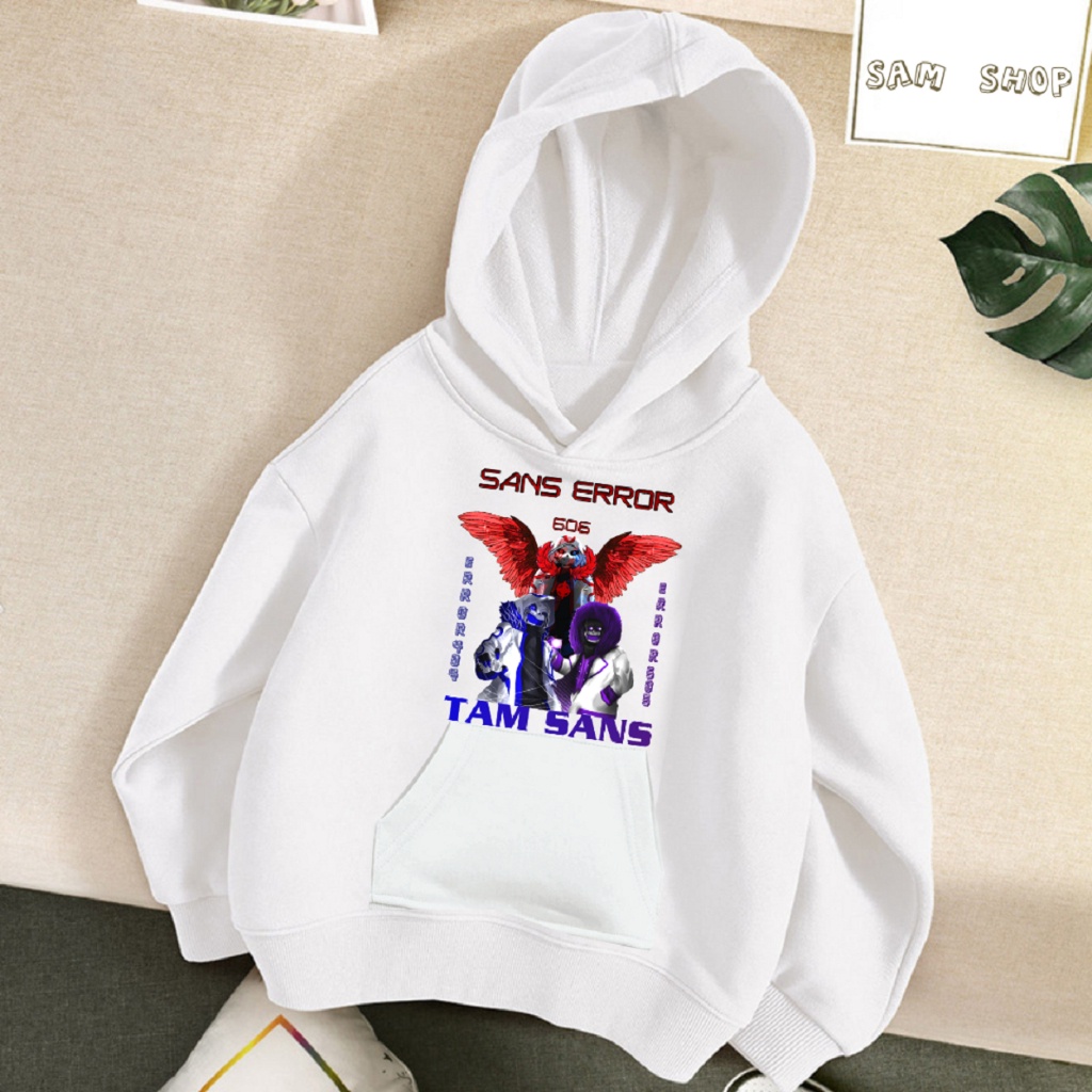 Áo hoodie trắng in hình tam sans đại chiến 404 sans 505 sans 606 cực hot cho bé