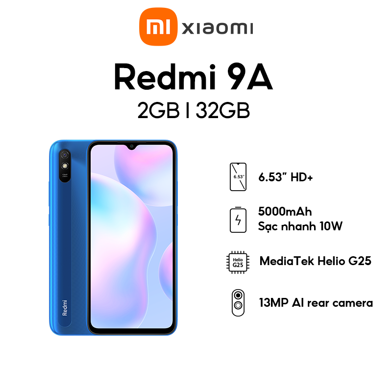 Điện thoại Xiaomi Redmi 9A 2GB/32GB - Chip MediaTek Helio G25 8 nhân (12 nm), Màn hình 6.53" HD+, Camera 13MP, Pin 5000 mAh, Cảm biến nhận diện khuôn mặt - BH Chính hãng 18 tháng
