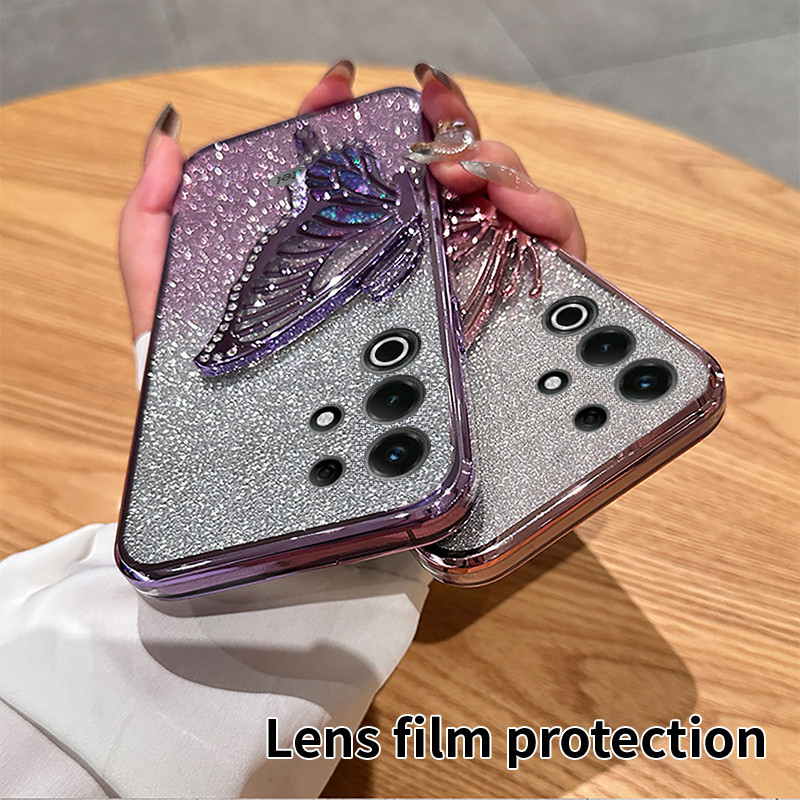 New Phone case itel Super S26 Ultra Back cover Diamonds butterfly holder shiny hourglass of quicksand transparent soft silicone For itel S26 Ultra case.