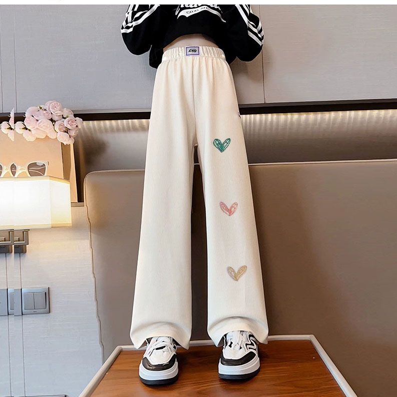 Corduroy Wide Leg Pants for Kids Girl Autumn and Winter New Fashion Korean Style Heart Print Pants Loose and Casual Straight Leg Pants for Middle-aged Children