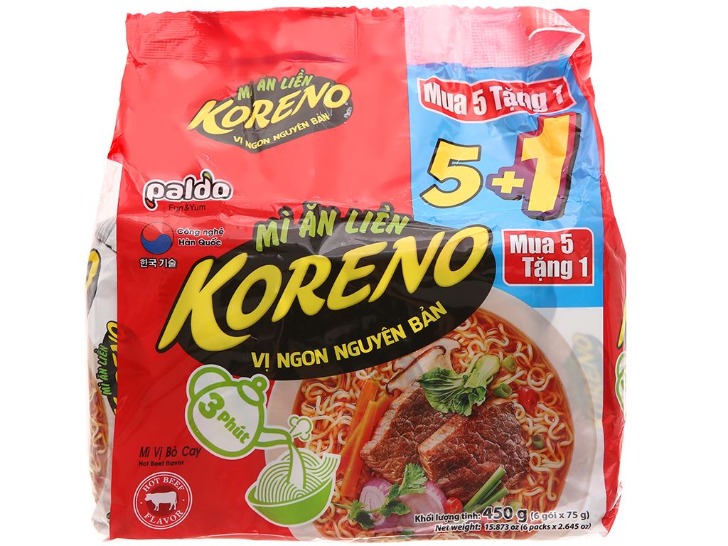 Lốc 6 gói mì koreno vị bò cay 75g