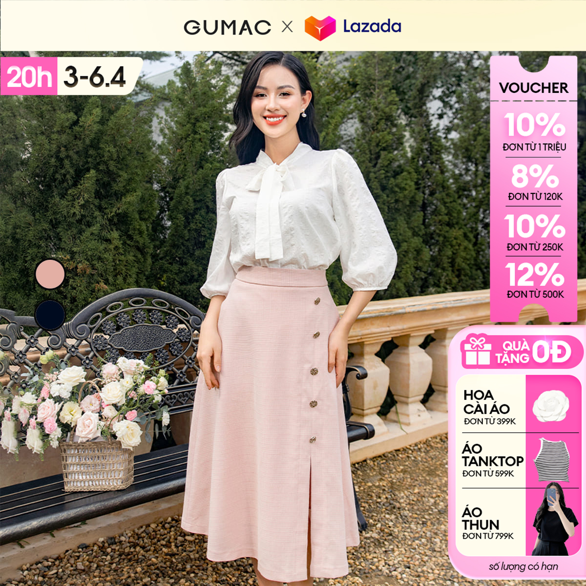 [25 - 29.6 |Voucher 10-14%] Váy xòe xẻ đính nút VD11049 thời trang GUMAC