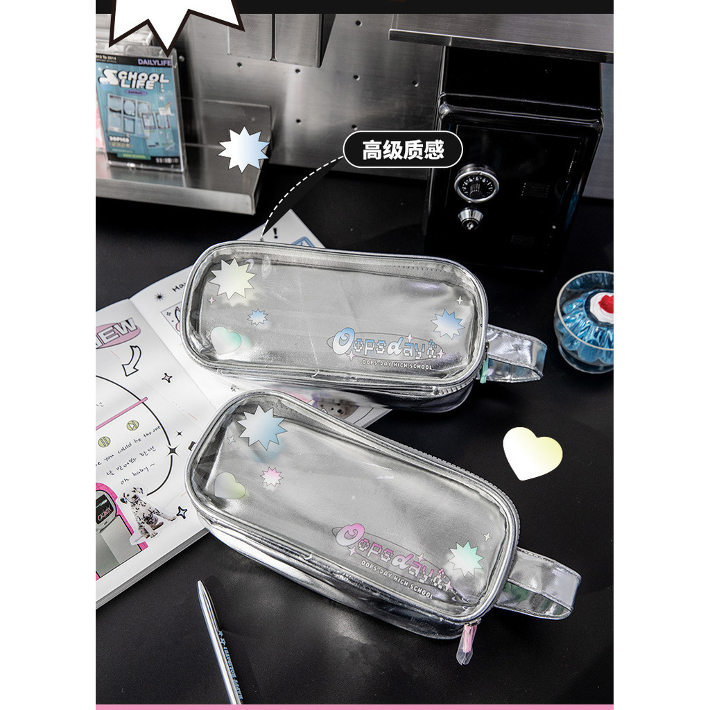 Cdaily|Silver Pencil Case Large-Capacity Pencil Case Double-Sided Visual Pain Window Pencil Case Portable Pencil Case Stationery Bag Large-Capacity Storage Bag