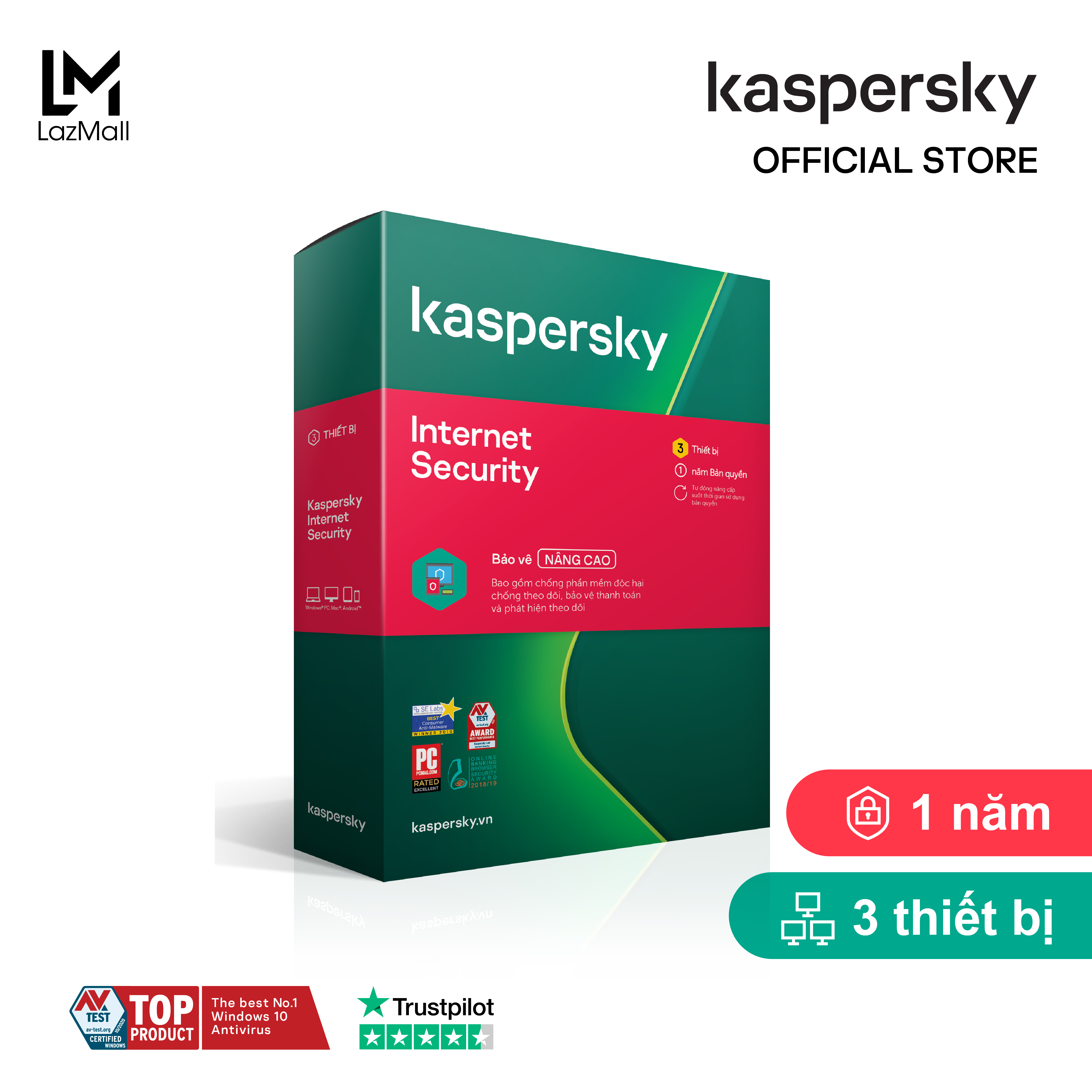 BOX Phần mềm diệt virus Kaspersky Internet Security 3 Thiết bị/Năm (BOX) - Hàng chính hàng