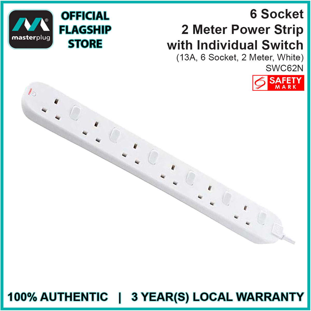 Masterplug SWC62N, Individual Switched Extension Lead 6 Socket, 2M